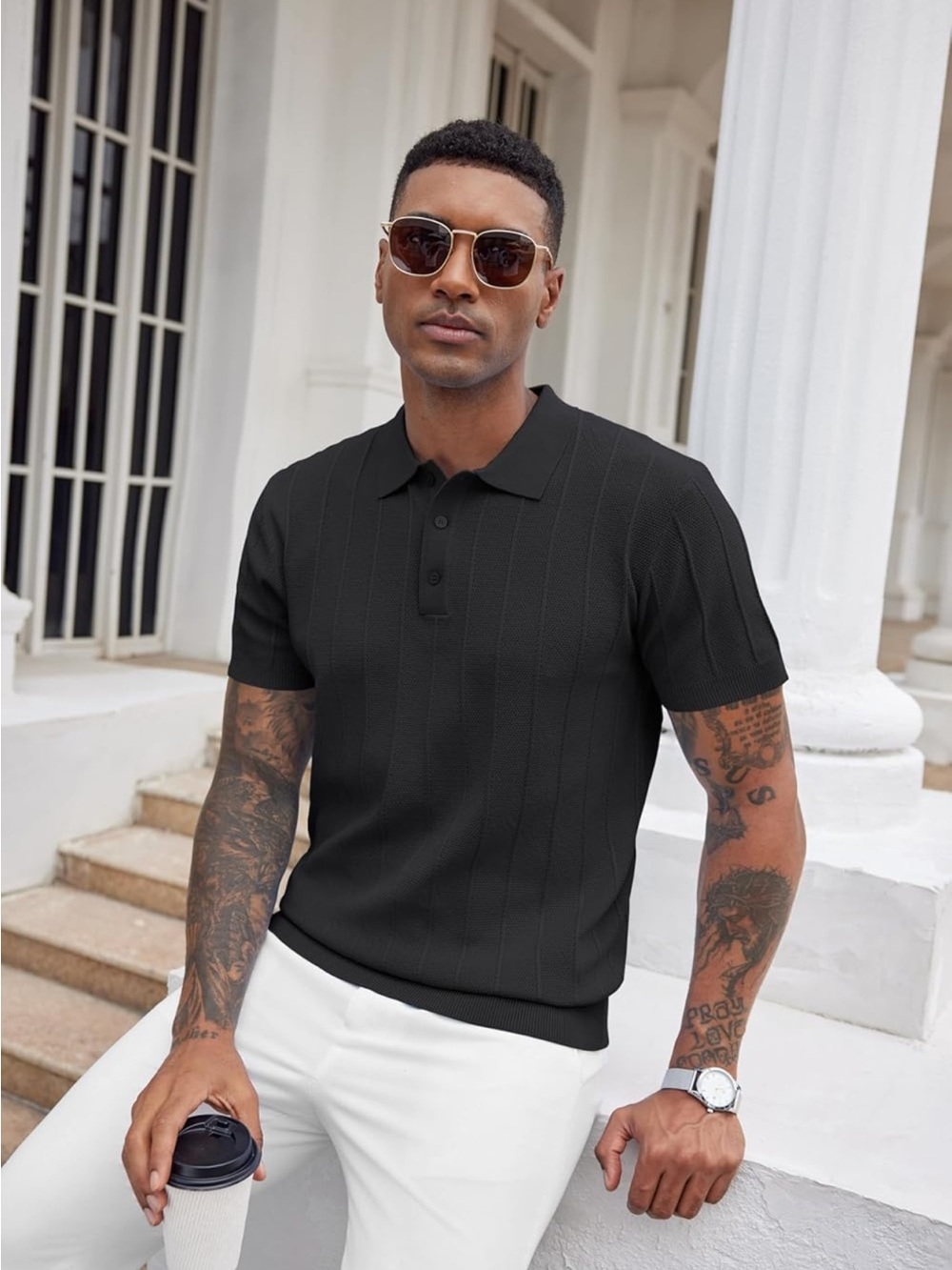 Coofandy Ribbed Short-Sleeve Knit Polo Shirt Black - Picture 14 of 16